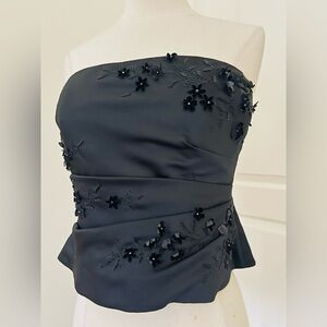 Kay Unger Elegant Black Strapless Top with Floral Embellishments Sz 6